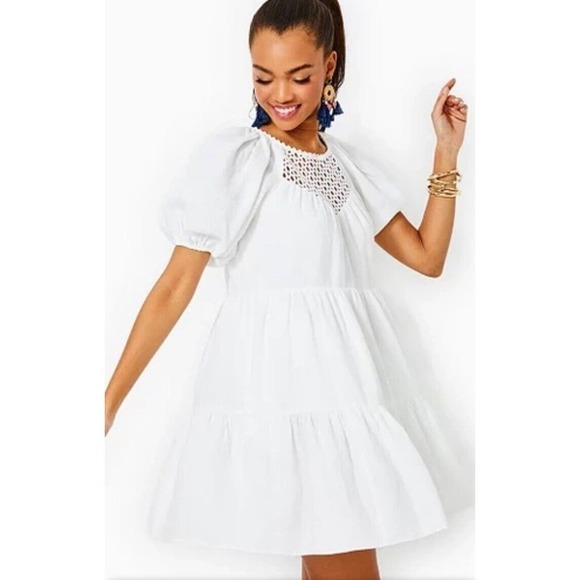 Lilly Pulitzer Charlet Short Puff Sleeve 100% Linen Dress Size 2 White Tiered - Picture 3 of 15